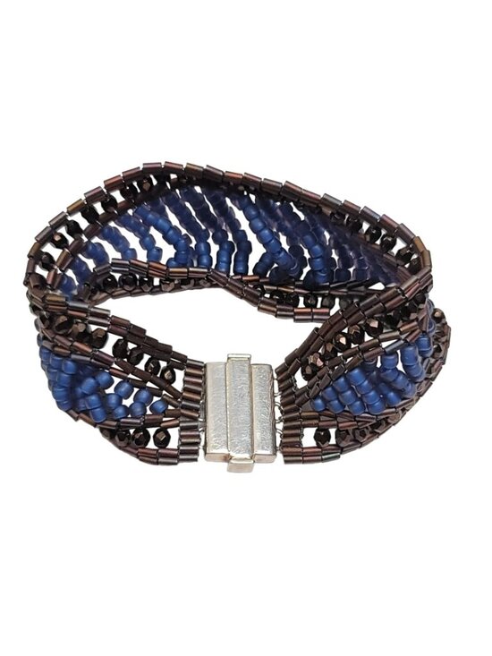 Blue & Brown Glass Bead, Sterling Silver Box Clasp Chunky  Blue & Brown Glass Bead, Sterling Silver Box Clasp Chunky Bracelet, 6.5\